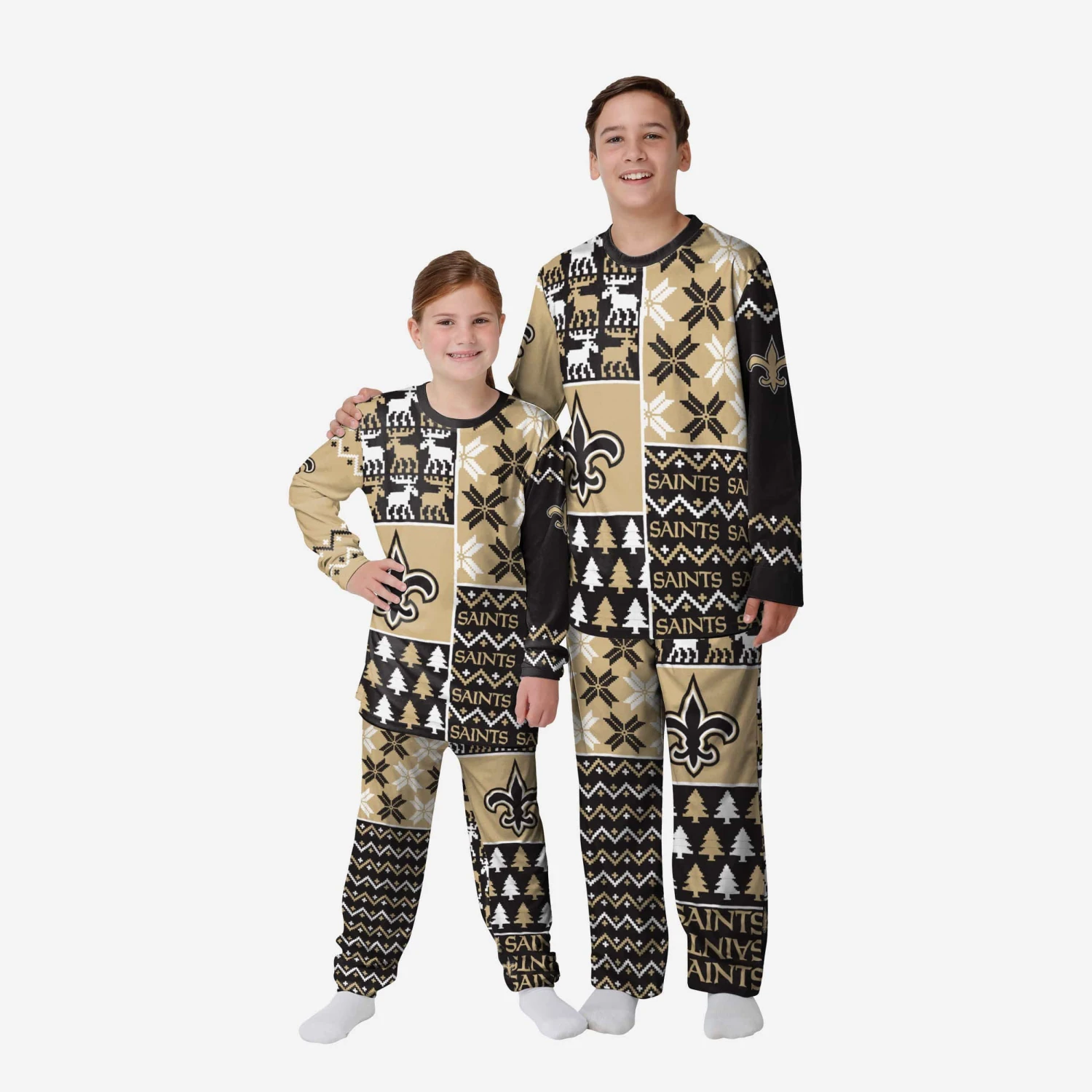 FOCO New Orleans Saints Youth Busy Block Family Holiday Pajamas 3 FOCO New Orleans Saints Youth Busy Block Family Holiday Pajamas