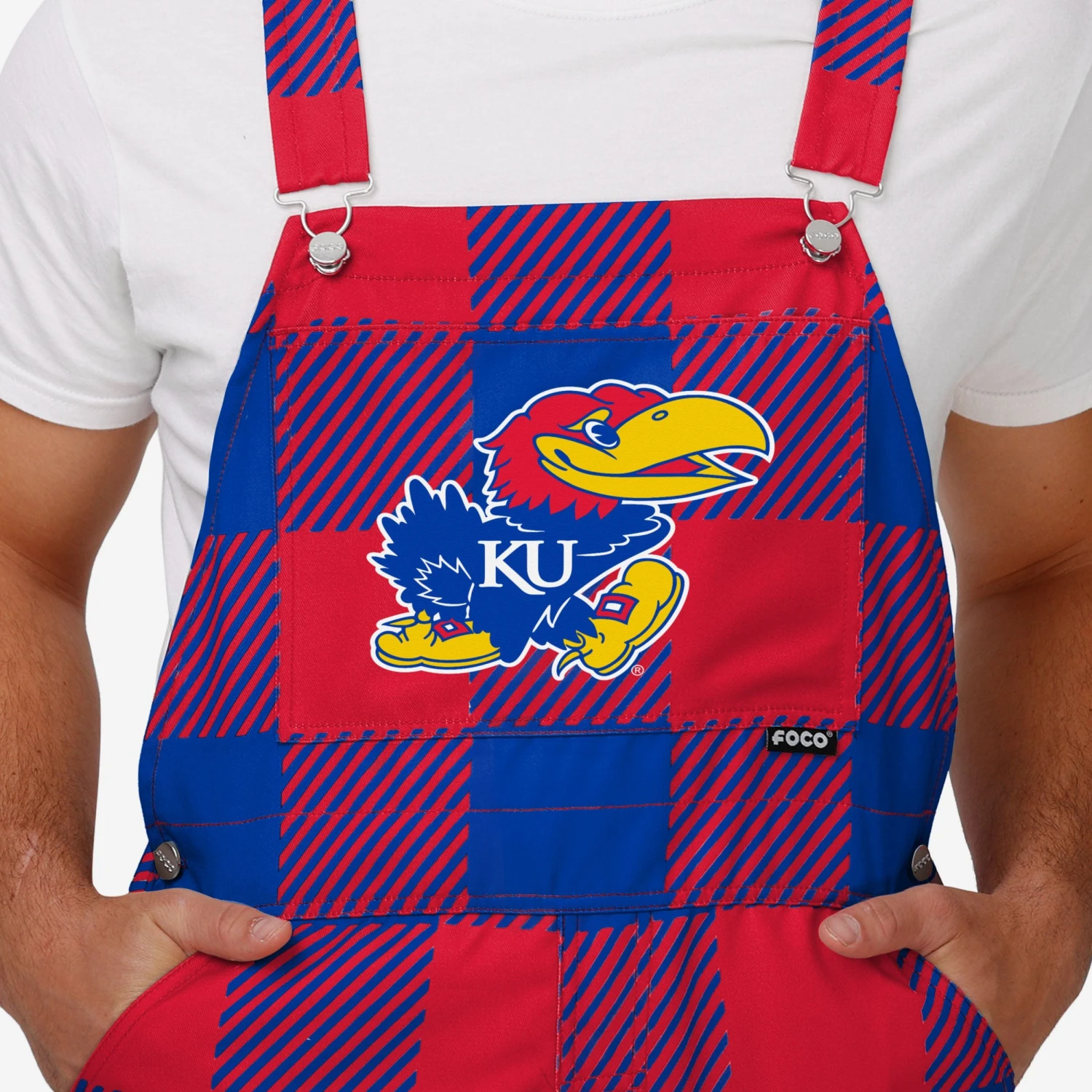 FOCO Kansas Jayhawks Mens Plaid Bib Overalls 6 FOCO Kansas Jayhawks Mens Plaid Bib Overalls - Image 4