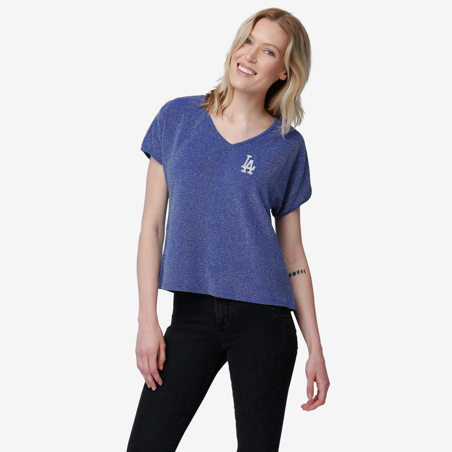 FOCO Los Angeles Dodgers Womens Gametime Glitter V-Neck T-Shirt 3 FOCO Los Angeles Dodgers Womens Gametime Glitter V-Neck T-Shirt